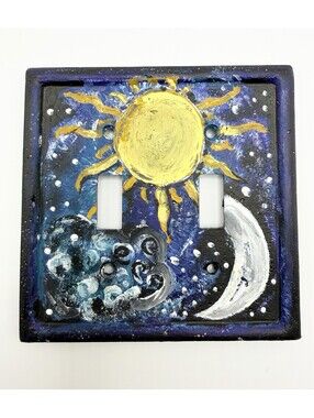 Hand Painted Celestial Light Switch Plate Cover Sun Moon Stars Resin Double